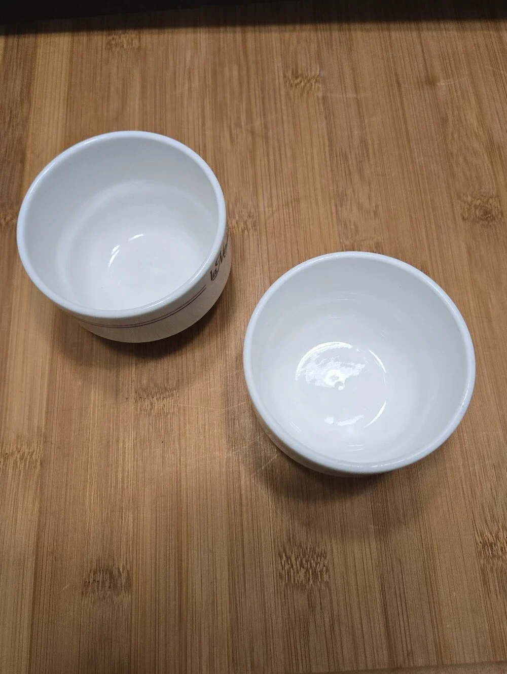 (2) La Madeleine French Cafe stacking custard cups or tea bowls Bon Appetit